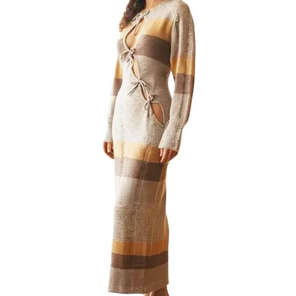 PrettyLittleThing XS Mocha Tie Front Distressed Knit Bardot Maxi Dress - Picture 1 of 6